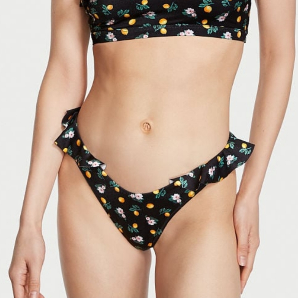 NWT Victoria's Secret itsy ruffle bikini BOTTOM black lemon floral size small